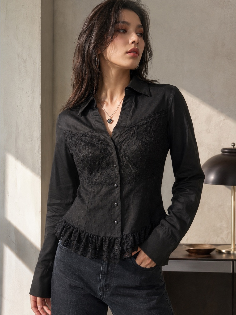 Simon Chang Black Lace Peplum Button Front Blouse 6 Dark Coquette Y2K Gothic